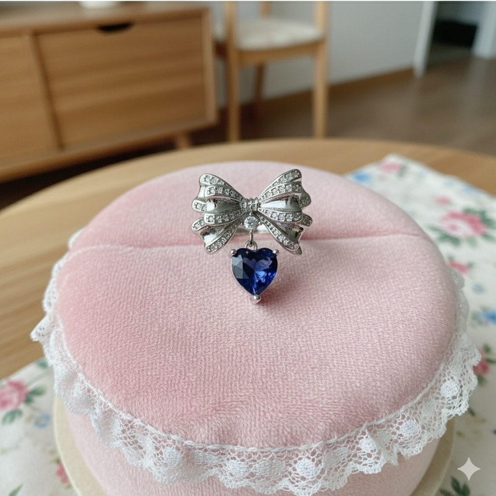 Silver Bow and Indigo Heart Ring - Adjustable 🤍